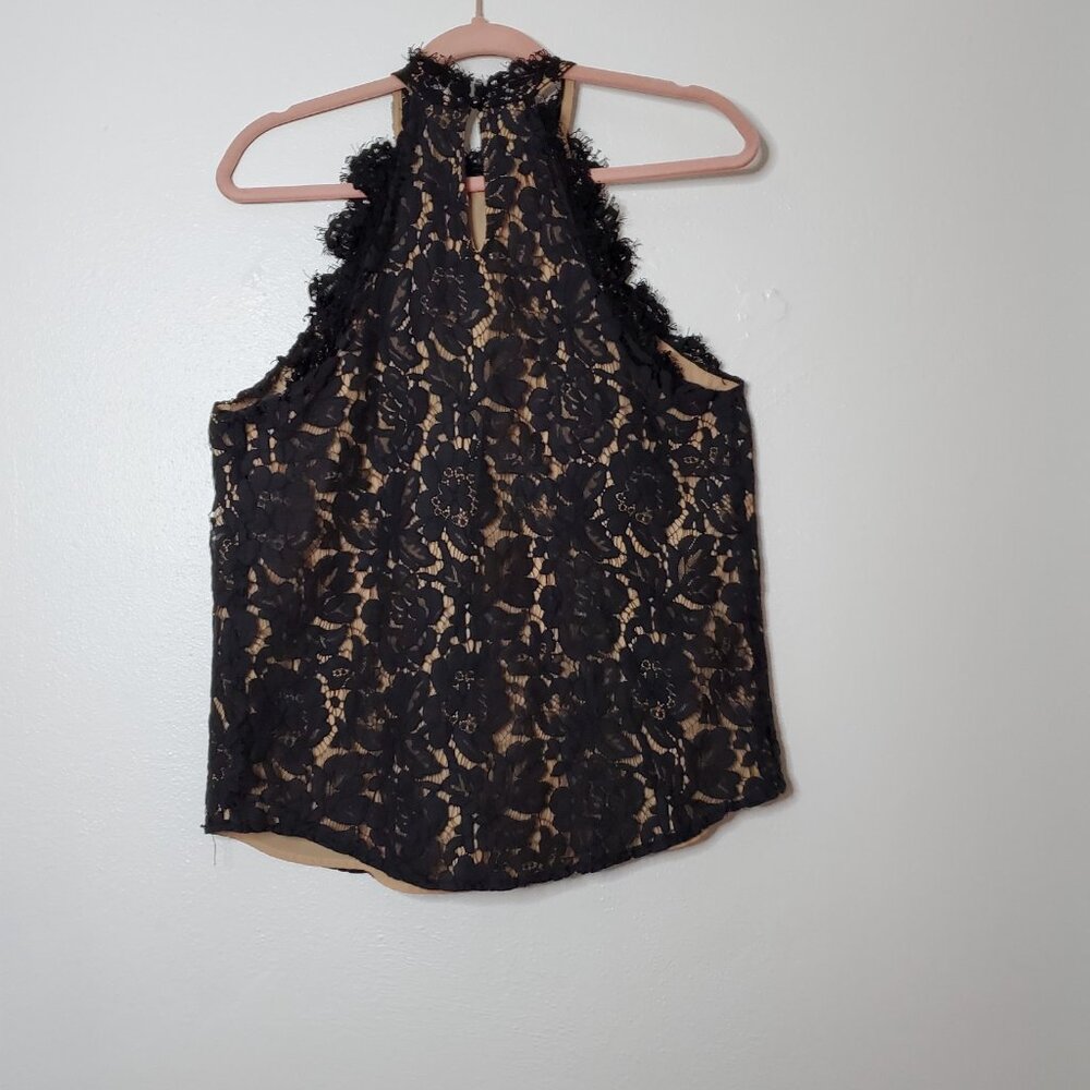 ee:some Vision Lace Hi Neck Round Hem Tank Top Size S Black Lace Nude Lining - Picture 4 of 11